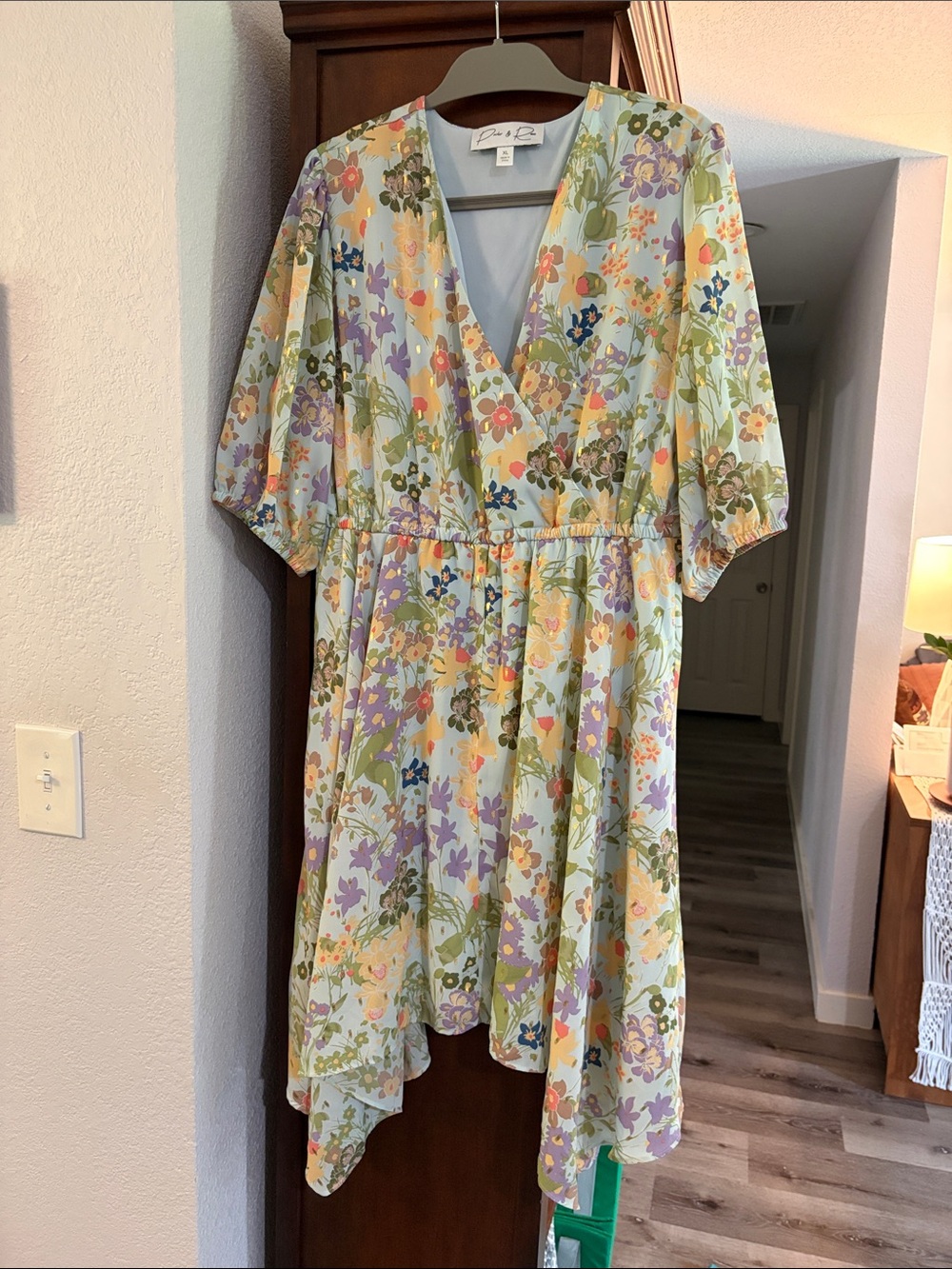 Floral faux-wrap Midi Dress in Pastel blue